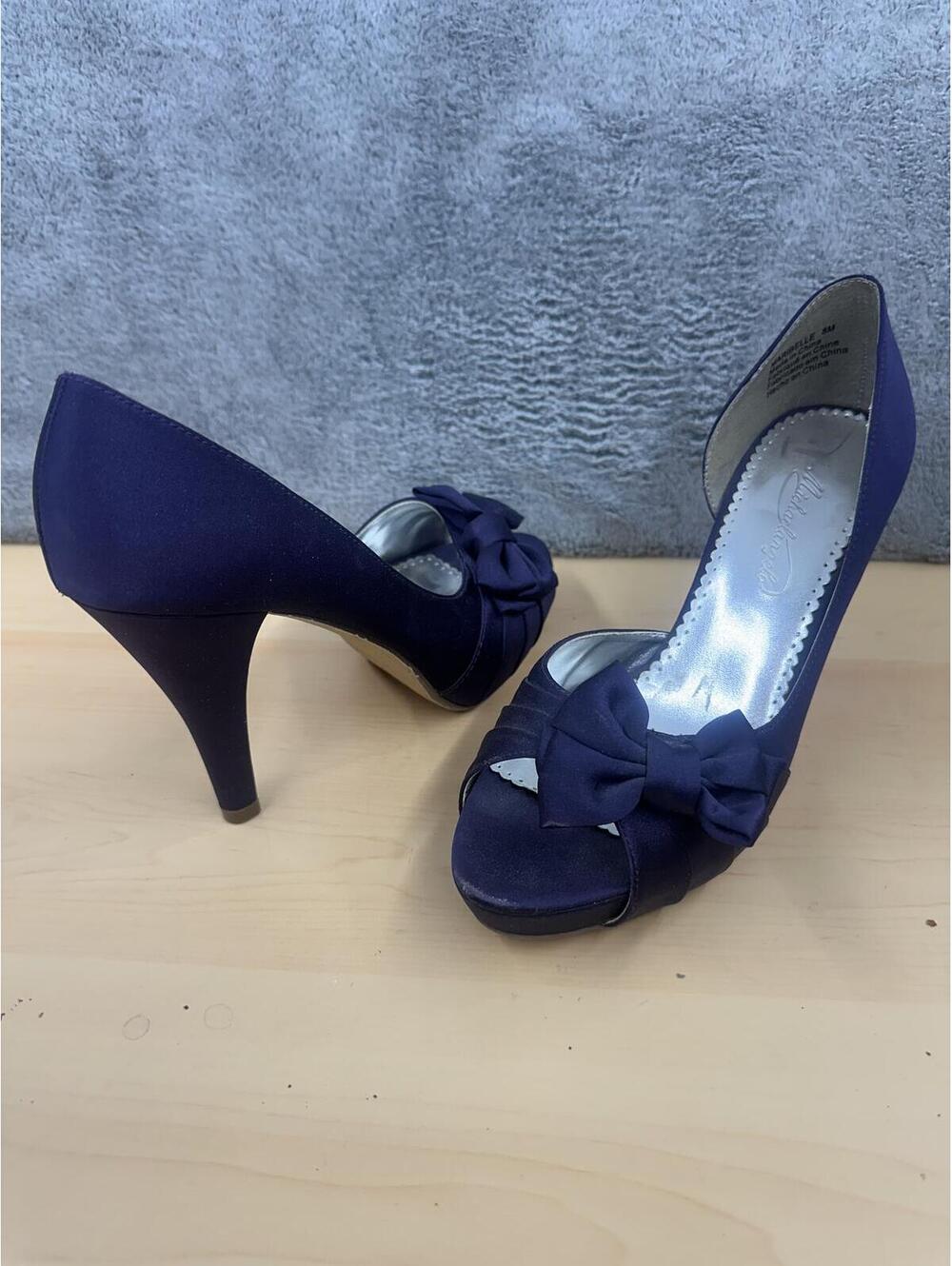 Michelangelo Elegant Navy Blue/Plum Purple Satin Peep Toe Heels with Bow
